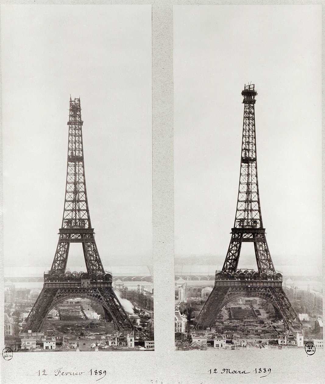 Két nézet az Eiffel-torony építkezéséről, Párizs, 1889. február 12. és március 12. alkotó: French Photographer