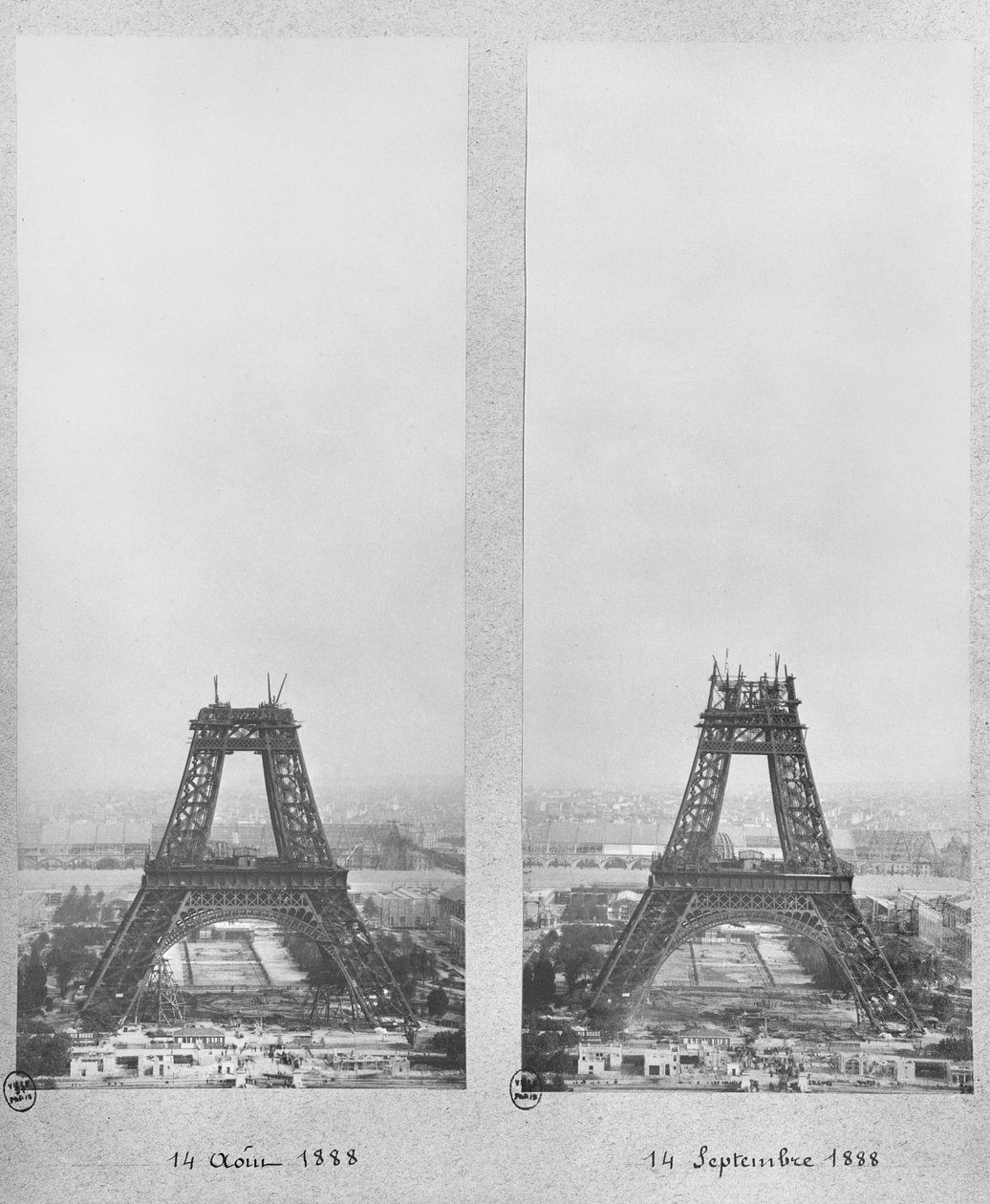 Két nézet az Eiffel-torony építkezéséről, Párizs, 1888. augusztus 14. és szeptember 14. alkotó: French Photographer
