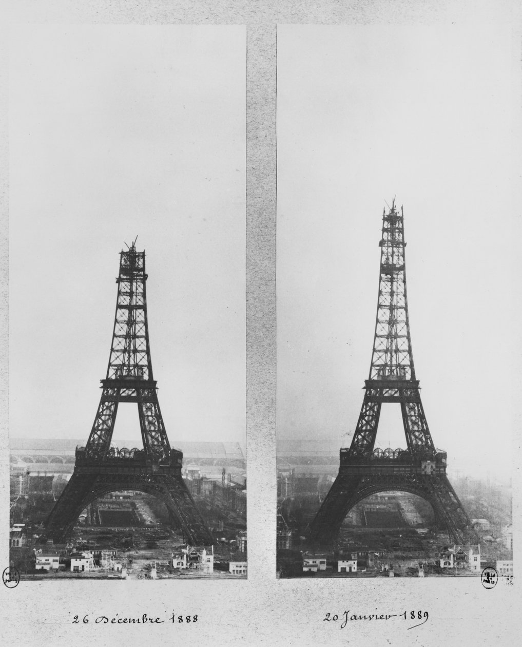 Két nézet az Eiffel-torony építkezéséről, Párizs, 1888. december 26. és 1889. január 20. alkotó: French Photographer