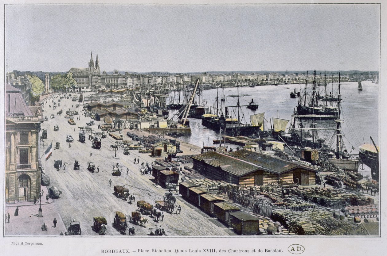 Kilátás a bordeaux-i kikötőre a Place Richelieu-vel és a Quais Louis XVIII-vel, des Chartrons und de Bacalan, tizenkilencedik század vége (színes fotó) alkotó: French Photographer