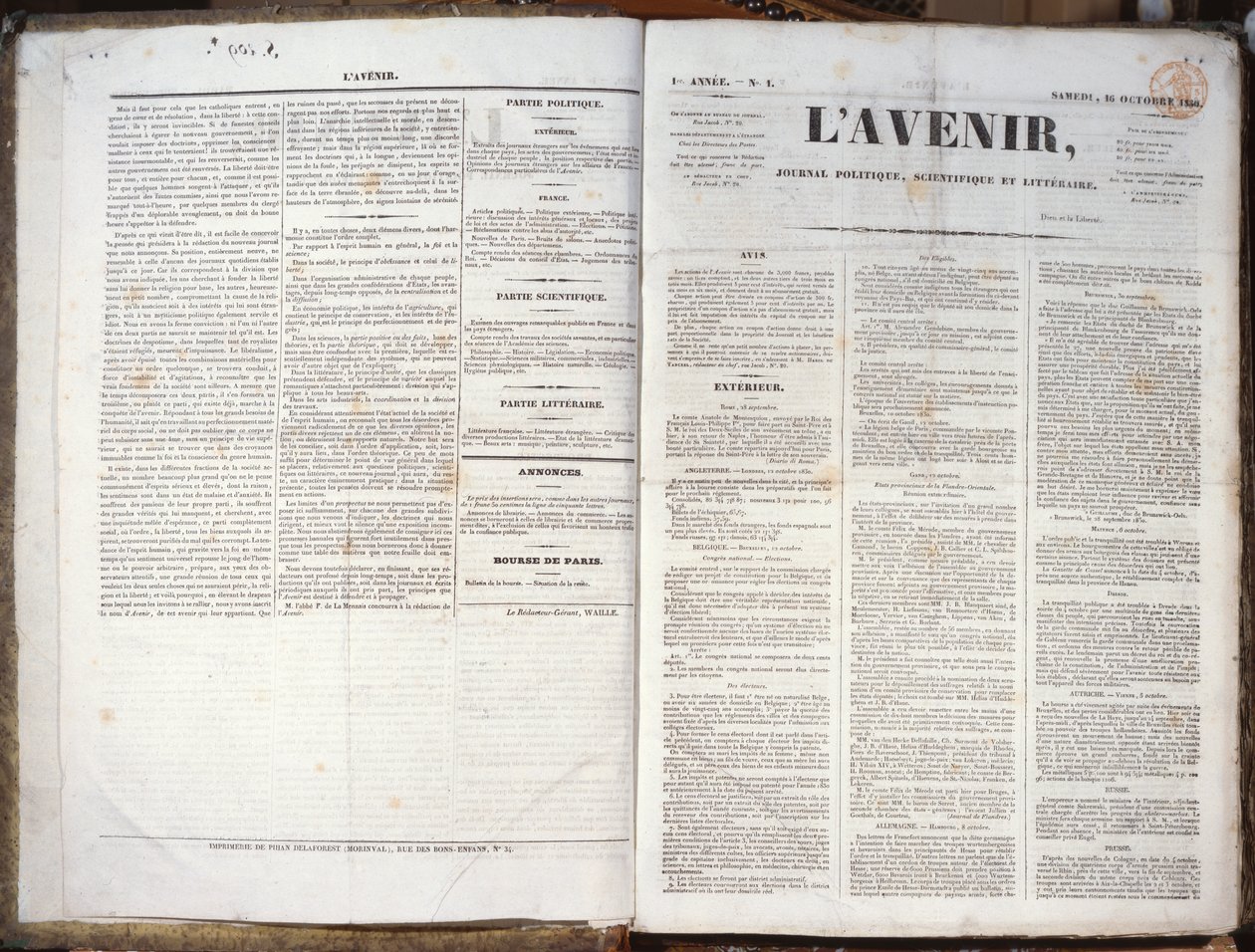 A LAvenir folyóirat 1. száma, 1830. november 16. (nyomtatott papír) alkotó: French School