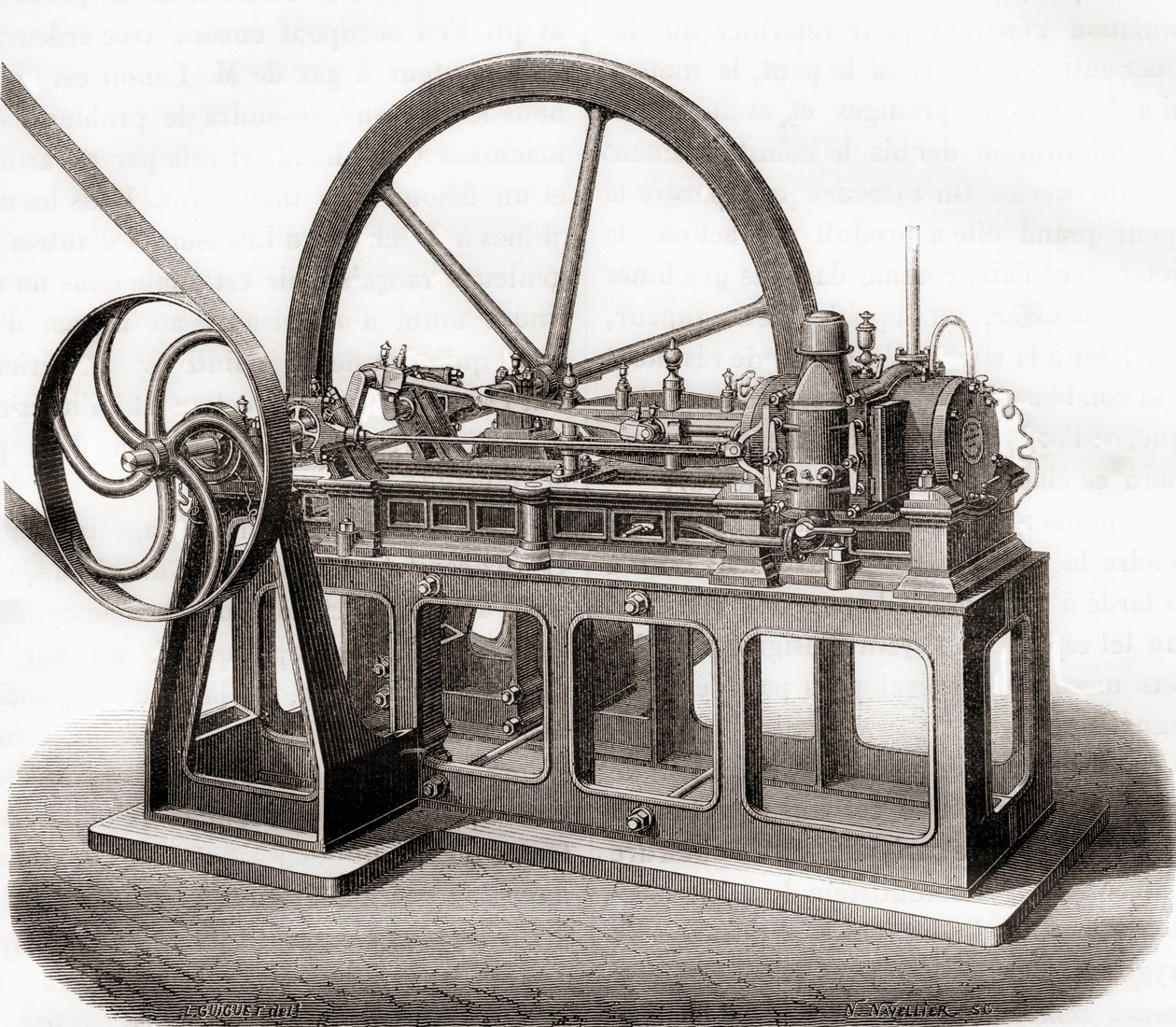 Egy 19. századi gázüzemű motor, a Les Merveilles de la Science-től, 1870 körül megjelent alkotó: French School