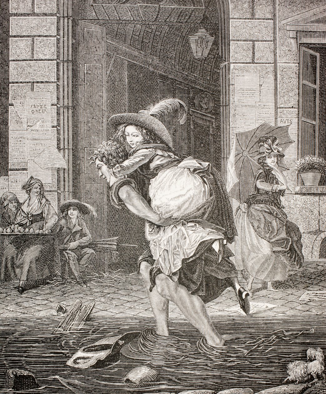 Egy fuvarozó, aki egy nőt szállít át az utcán egy esős napon a 18. századi Párizsban, 1875 alkotó: French School