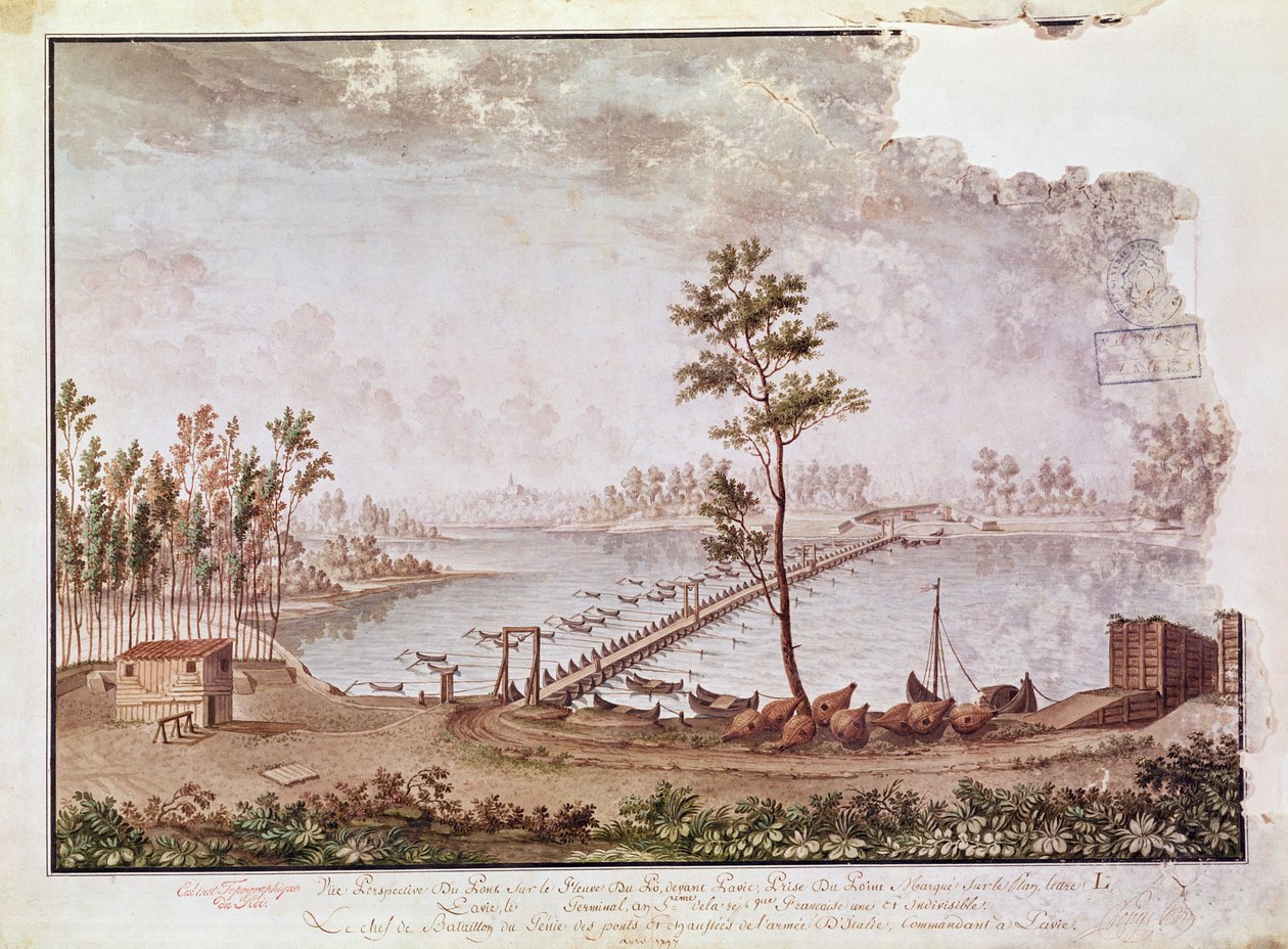 Kilátás a Pó folyón átívelő hídra Paviában, 1797 alkotó: French School