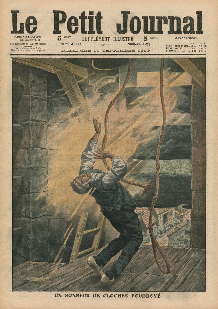 Villámcsapás harangozó, illusztráció a „Le Petit Journal”-ból, mellékelt illusztráció, 1910. szeptember 11. alkotó: French School