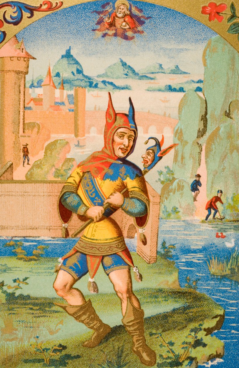 Egy udvari bolond, egy 15. századi kézirat miniatúrájának reprodukciója, Paul Lacroix (1806-84) „Le Moyen Age et La Renaissance” című művéből, 1847-ben. alkotó: French School