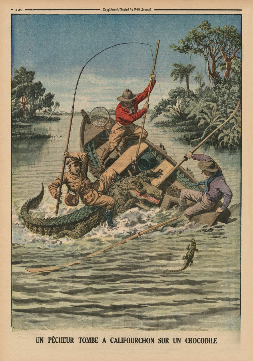 Egy horgász egy krokodilban, a hátlapon illusztráció a „Le Petit Journal”-ból, mellékelt illusztráció, 1914. április 12. alkotó: French School