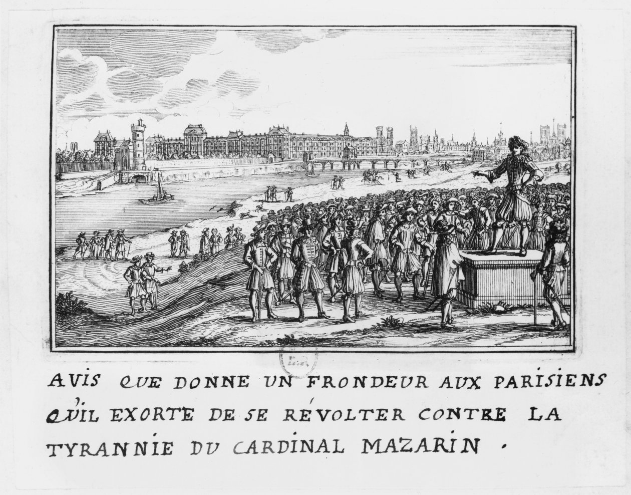 A Fronde egyik embere arra buzdítja a párizsiakat, hogy szálljanak fel Mazarin bíboros zsarnoksága ellen 1649. január 6-án alkotó: French School