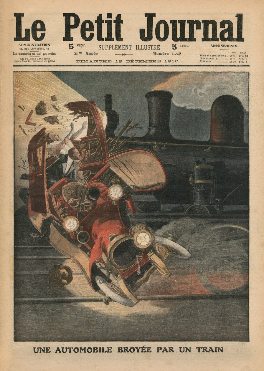 Vonat által összetört autó, illusztráció a „Le Petit Journal”-ból, mellékelt illusztráció, 1910. december 18. alkotó: French School