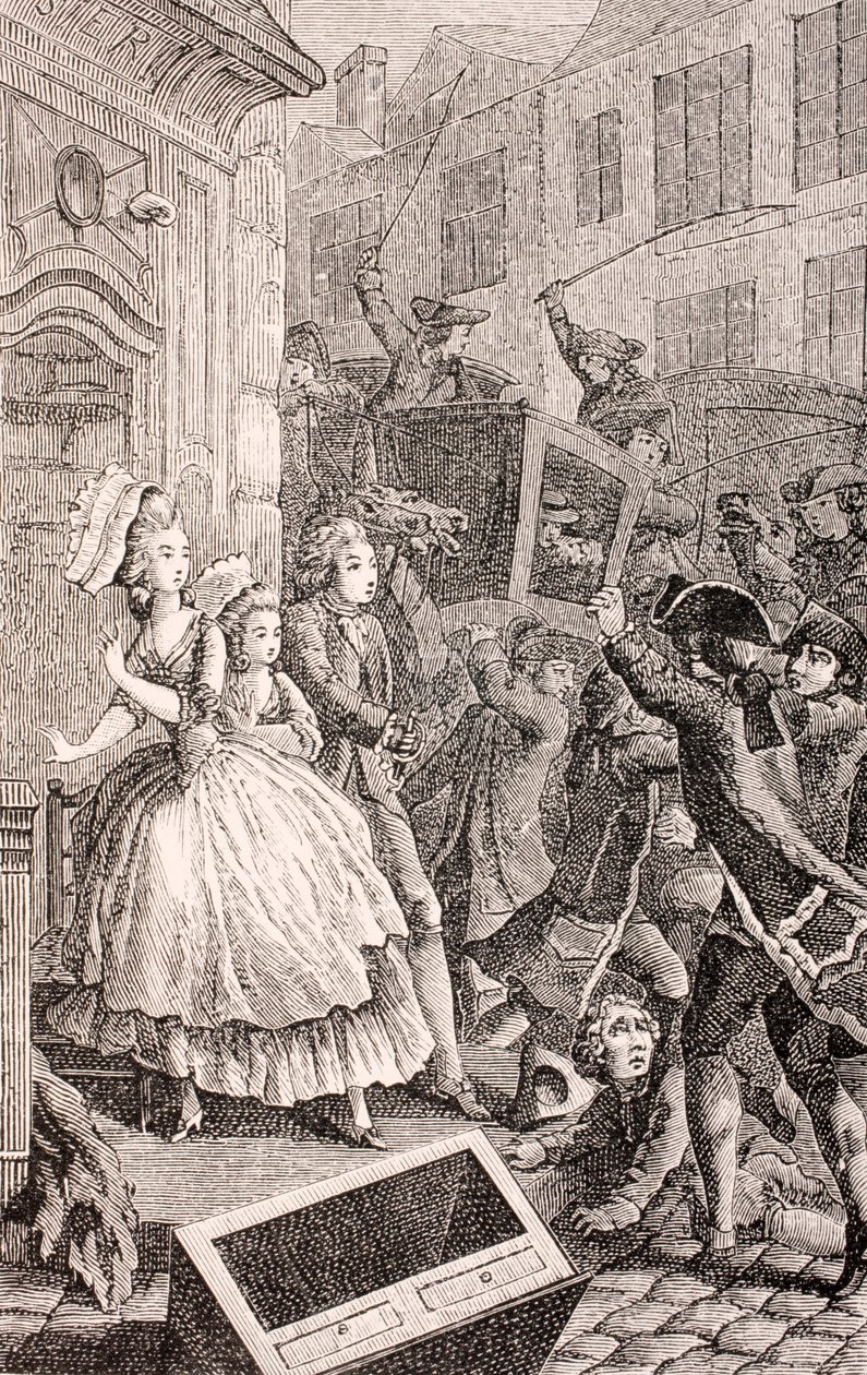 Egy utcai verekedés Párizsban a 18. században, a „XVIII. Siecle Institutions, Usages et Costumes” című kötetből, 1875-ben alkotó: French School