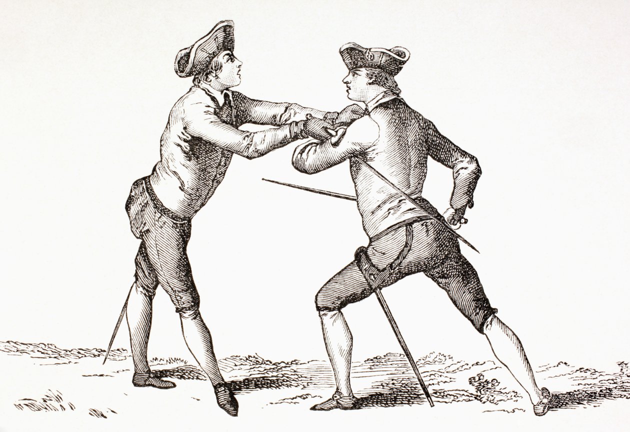 Egy kardforgató, aki le akarja fegyverezni ellenfelét, és készen áll a lökésre, a „XVIII. Siecle Institutions, Usages et Costumes” című könyvéből, 1875-ben alkotó: French School