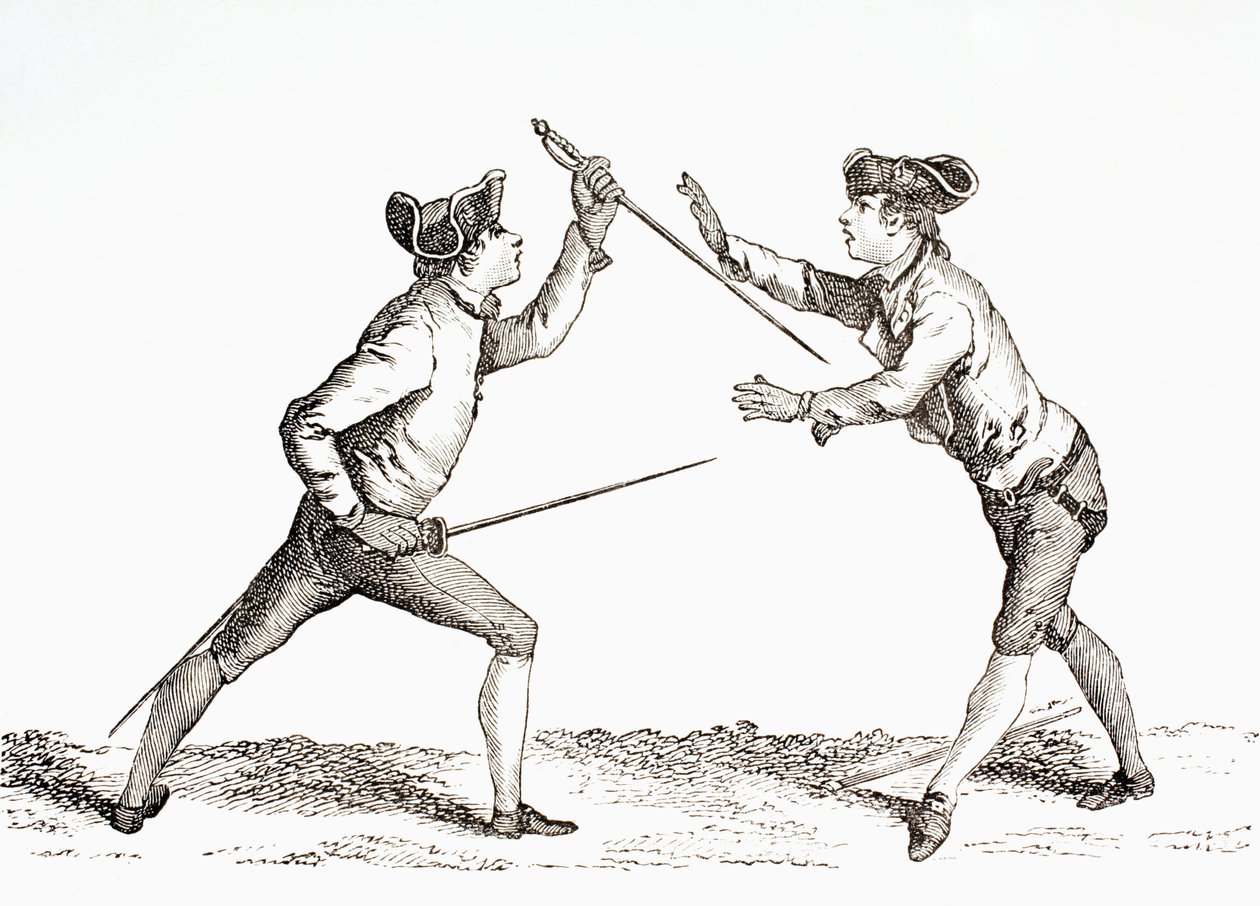 Egy kardforgató lefegyverzi ellenfelét, és olyan helyzetben van, hogy lökést ad a „XVIII. Siecle Institutions, Usages et Costumes” című könyvéből, amely 1875-ben jelent meg. alkotó: French School
