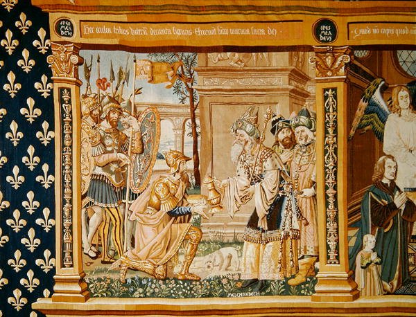 Ábrahám kenyeret és bort kap Melkisédektől, részlet az Eucharisztiának szentelt kárpitból, 1510 alkotó: French School
