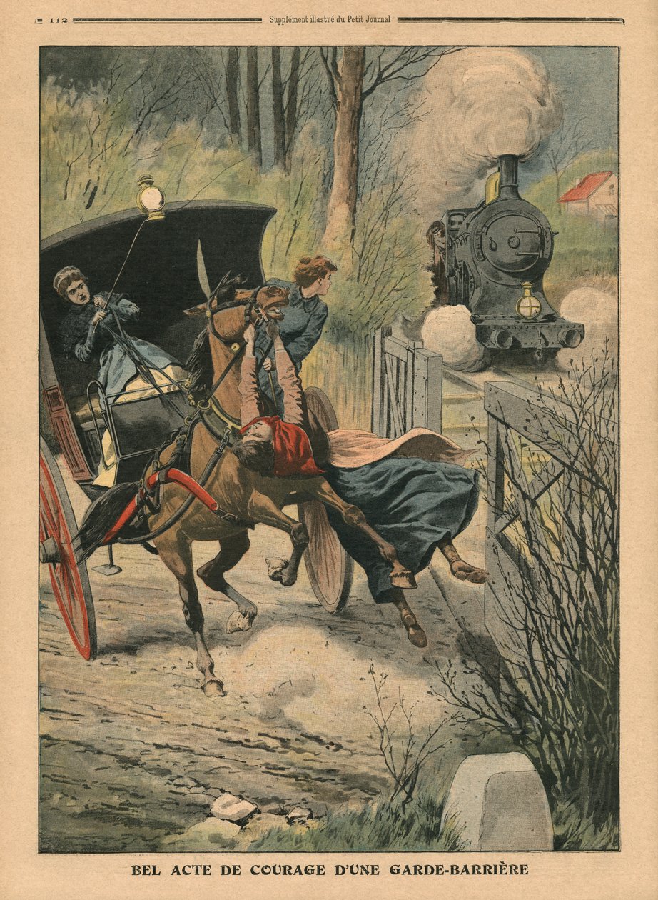 Egy vasúti átjárót őrző bátorság, illusztráció a „Le Petit Journal” című folyóiratból, illustre-melléklet, 1907. április 7. alkotó: French School