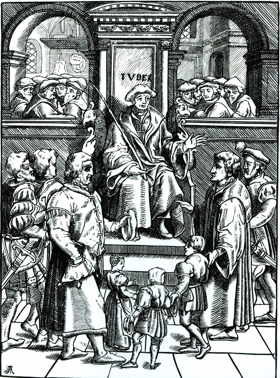Árva gyermekek örökbefogadása a Great Bailiwick Alsó udvarában Joos de Damhouder (1507-81) Antwerpenben, 1557-ben megjelent „Refuge et Garand des Pupilles, Orphelins” című fametszete nyomán. alkotó: French School