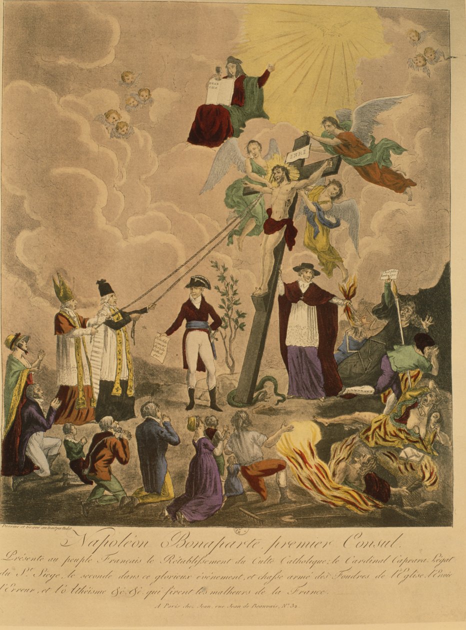 A katolikus vallás 1802-es franciaországi újraalapításának allegóriája Bonaparte Napóleon első konzulja alatt, 1802 alkotó: French School