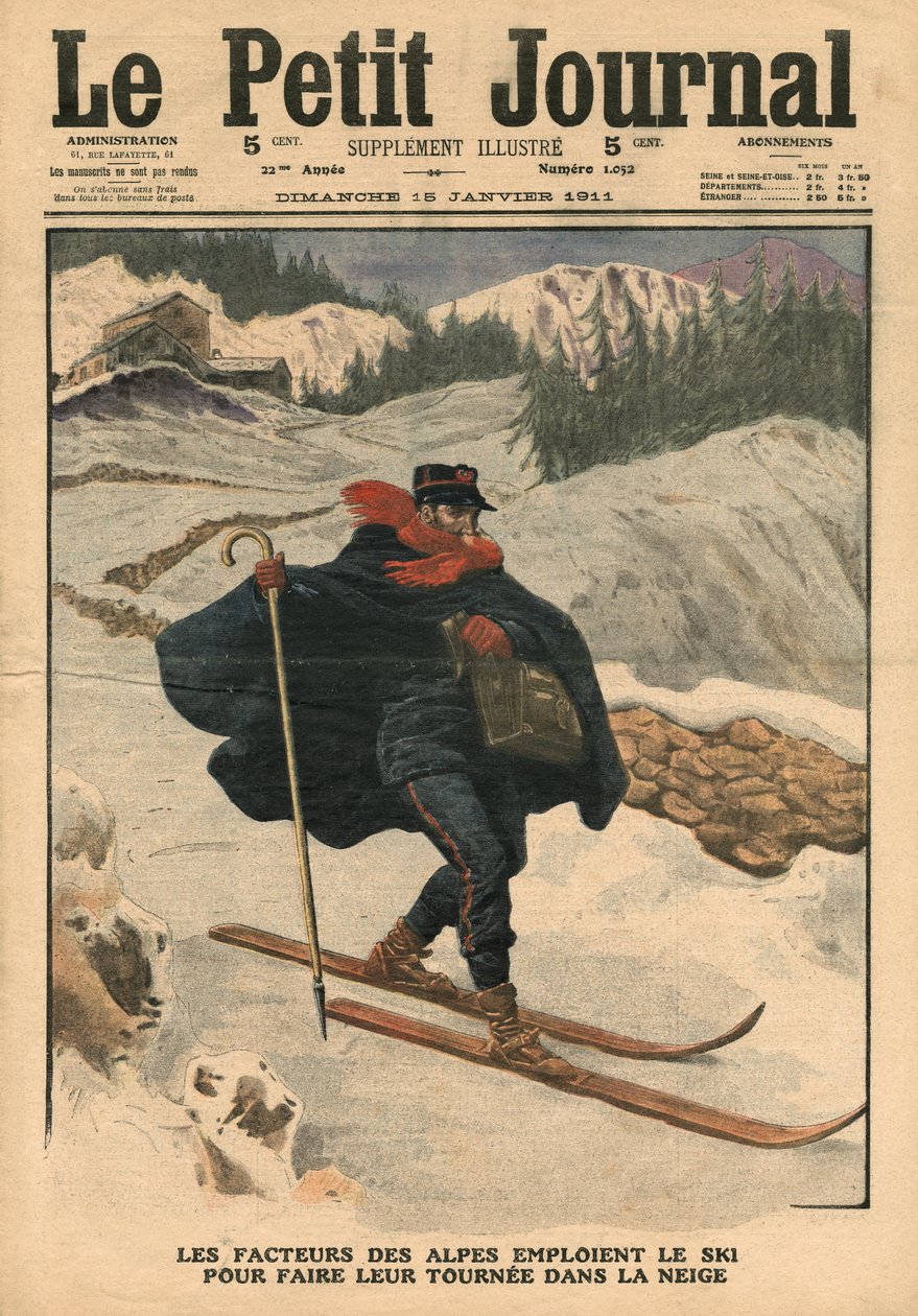 Alpesi postások síelés közben a hóban, illusztráció a „Le Petit Journal”-ból, mellékelt illusztráció, 1911. január 15. alkotó: French School