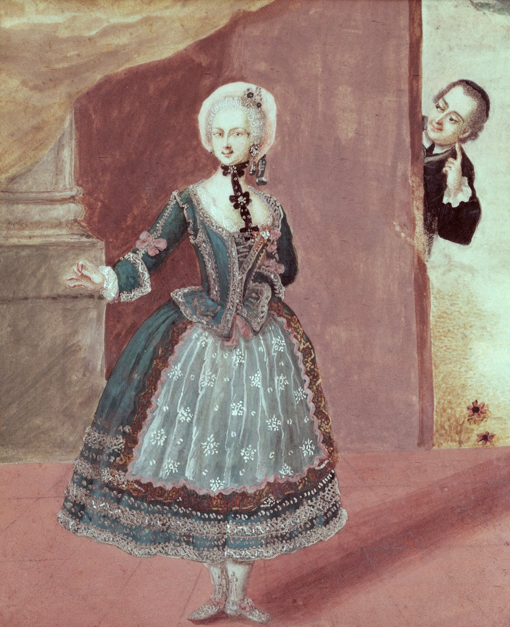 Egy színésznő Rosine szerepében Pierre-Augustin Caron de Beaumarchais "A sevillai borbély" című filmjében (1732-99) alkotó: French School