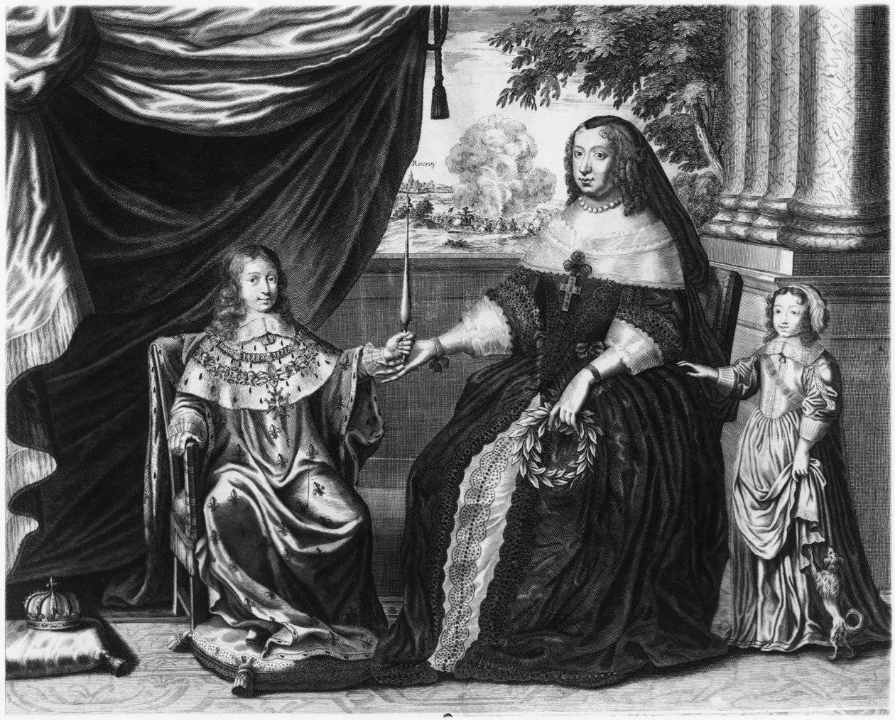 Ausztriai Anna, Franciaország és Navarra királynője és fiai, Dauphin Lajos francia, a leendő XIV. Lajos és I. Fülöp, Orléans hercege, 1643 alkotó: French School