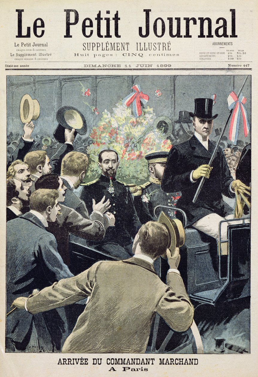 Marchand parancsnok érkezése Párizsba, címlap a „Le Petit Journal”-ból, 1899. június 11. (színes metszet) alkotó: French School