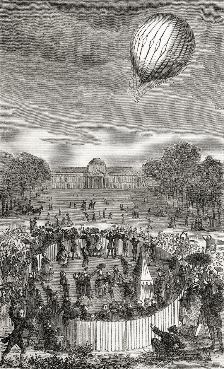 Charles ballonjának emelkedése a Champs de Mars felett, Fulgence Marion „Csodálatos léggömbemelkedések vagy az égbolt meghódítása” című művéből, 1870 körül. alkotó: French School