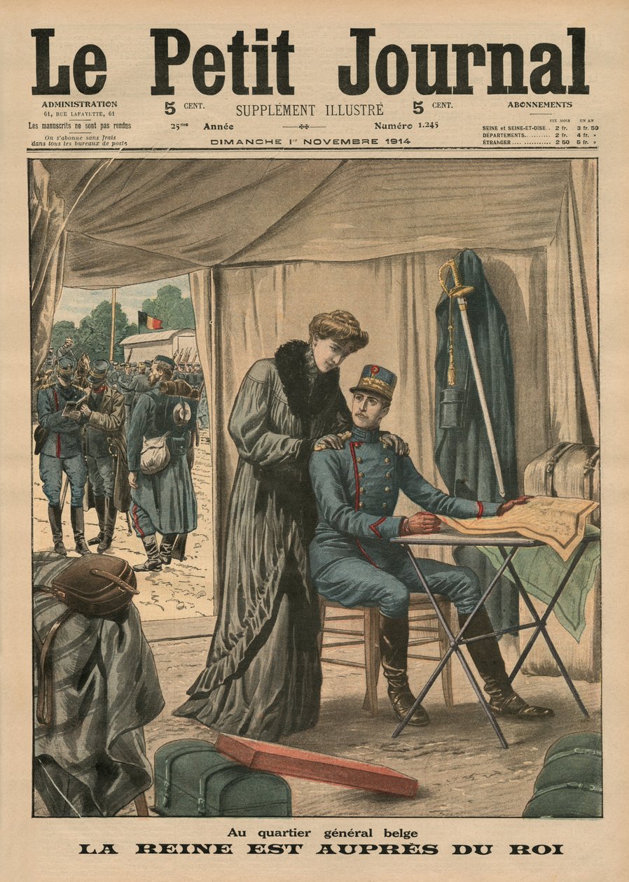 A belga főhadiszálláson a királynő a királynál marad, a „Le Petit Journal” első borítójának illusztrációja, mellékelt illusztráció, 1914. november 1. alkotó: French School