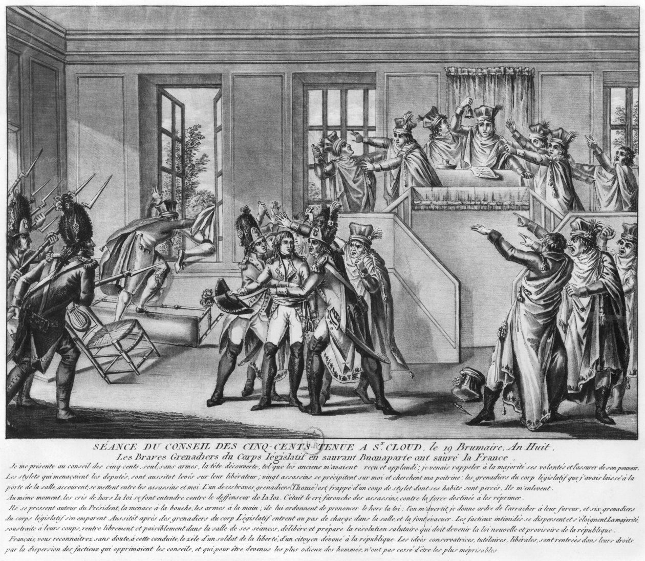 Bonaparte-t (1769-1821) két gránátos védte a St.Cloud-i ülés során, 19 brumaire an 8 (1799. november 10.), 1800 körül alkotó: French School