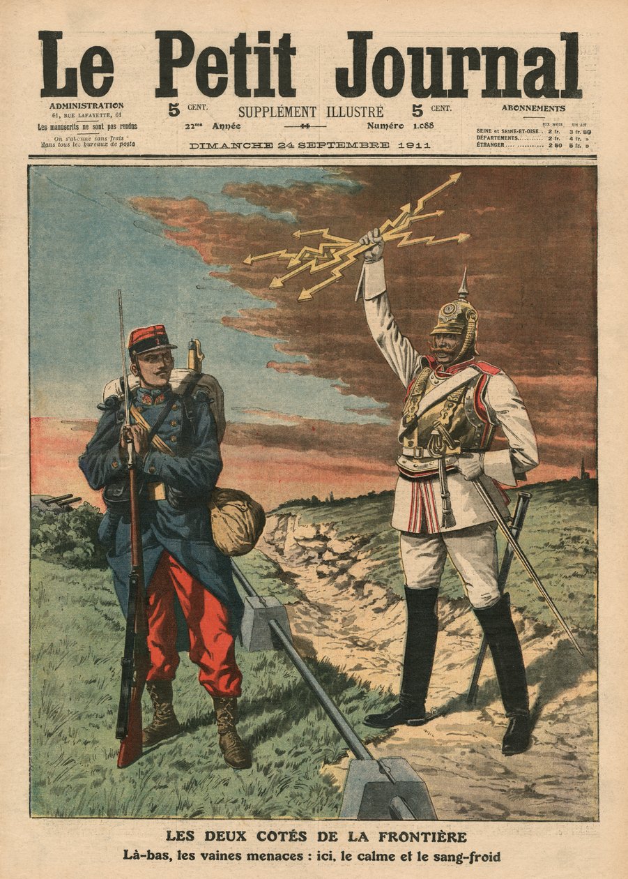 A határ mindkét oldalán, a „Le Petit Journal” első borítójának illusztrációja, mellékillusztráció, 1911. szeptember 24. alkotó: French School