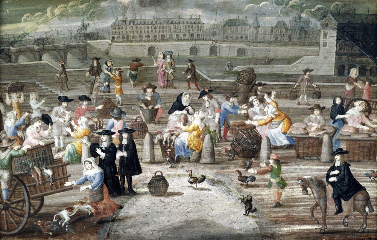 Kenyér- és baromfipiac a Quai des Grands Augustins-on, legyezőnek festve (toll, tinta és WC papíron) alkotó: French School