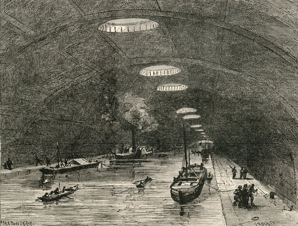 Canal Saint Martin, Párizs, a város keleti része alatt halad el, Samuel G. Green tiszteletes „French Pictures” című könyvéből, 1878-ban. alkotó: French School