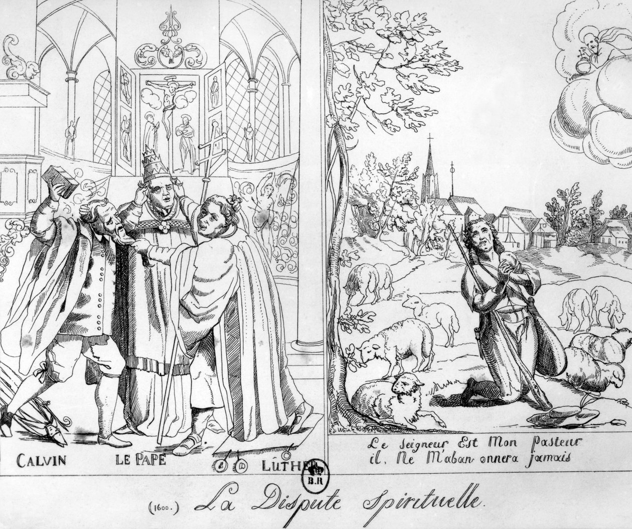 X. Leó pápa (1476-1521), Luther Márton (1483-1546) és Kálvin János (1509-64) lelki vitáját ábrázoló karikatúra 1838 alkotó: French School