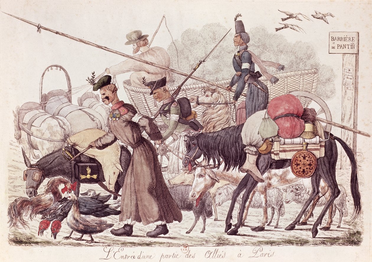 Karikatúra, amely a szövetséges csapatok egy részének Párizsba való belépését ábrázolja, 1814 (színes rézkarc) alkotó: French School