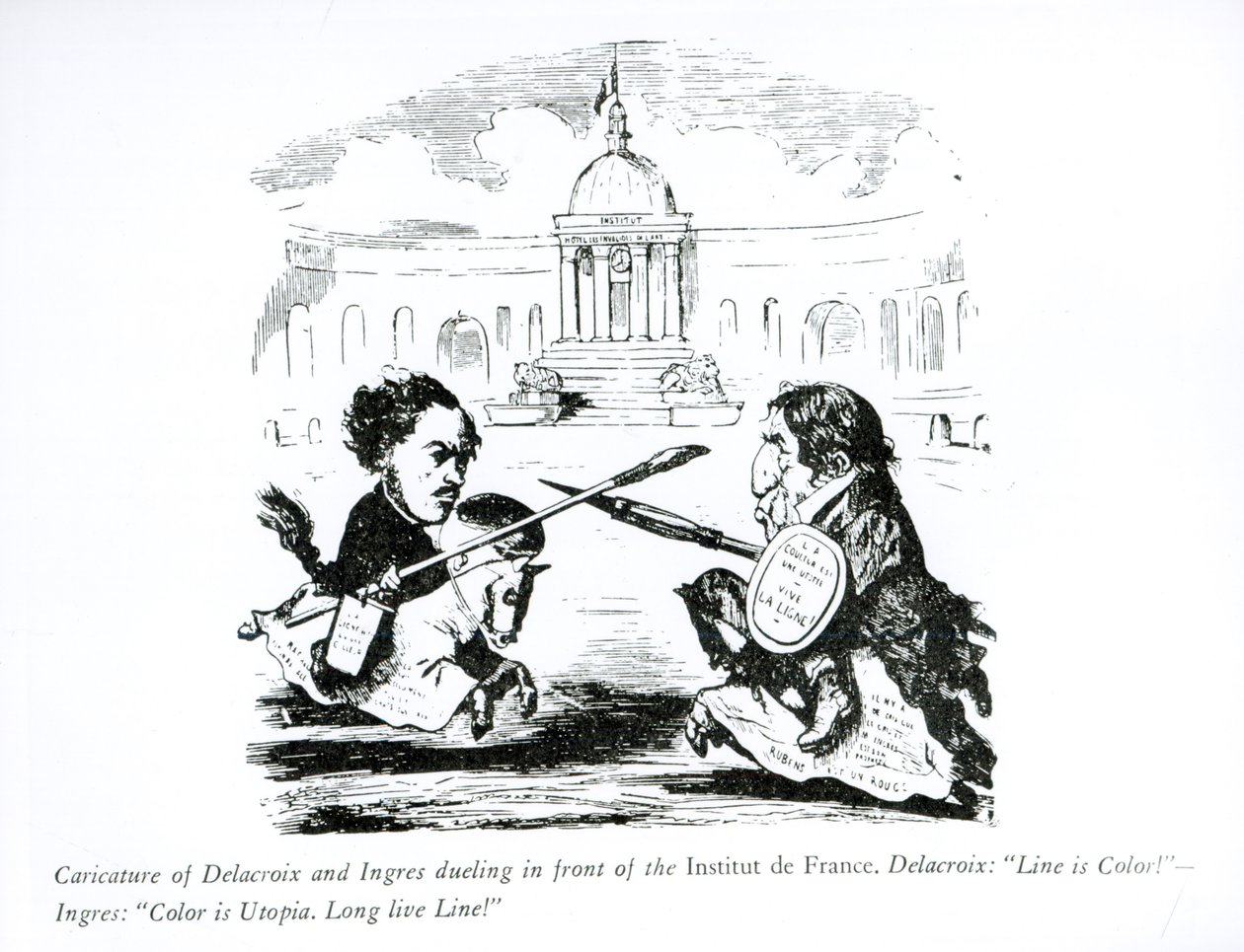 Delacroix és Ingres párbajtőr karikatúrája az Institut de France előtt, 1828 körül alkotó: French School