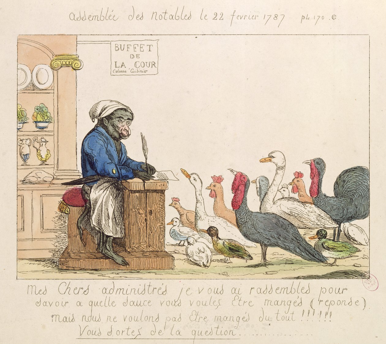 Karikatúra a Nevesek Gyülekezetéről, 1787. február 22. (színes rézkarc) alkotó: French School