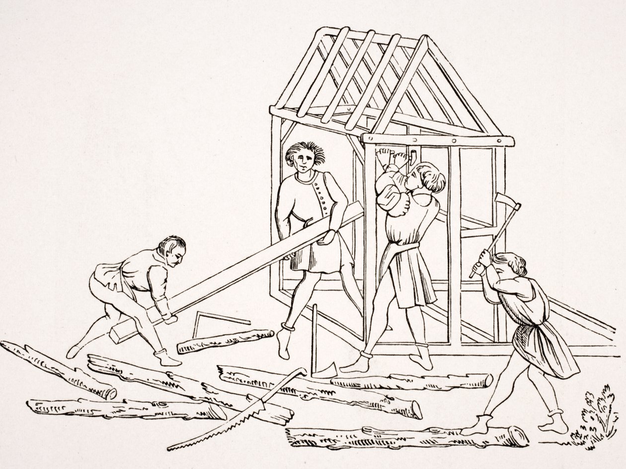 Carpenters egy 15. századi kéziratban, a „Chroniques de Jainaut” című miniatűrben, Paul Lacroix (1806-84) „Le Moyen Age et La Renaissance” című művéből, 1847-ben megjelent. alkotó: French School