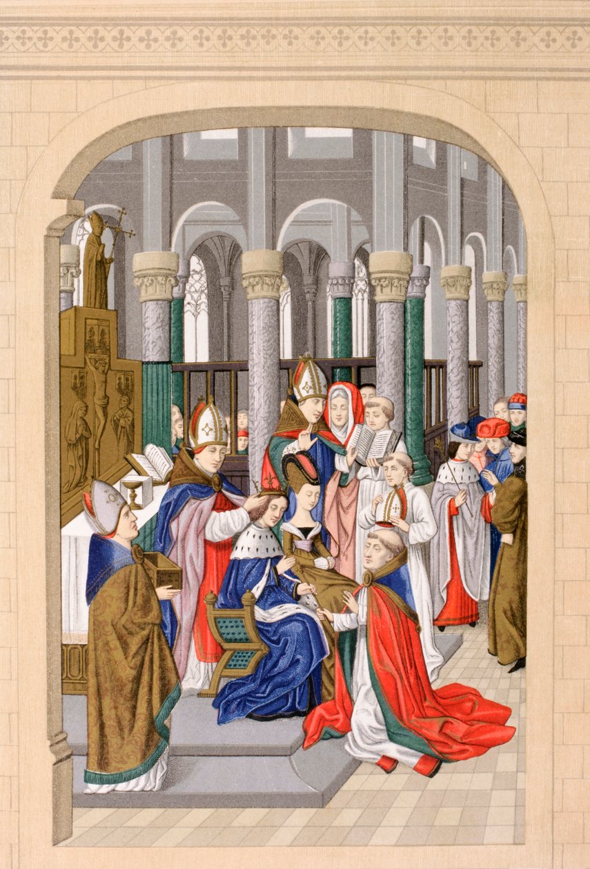 V. Károly francia király koronázása, 1364. május, a "Les Arts au Moyen Age"-ből, 1873-ban alkotó: French School