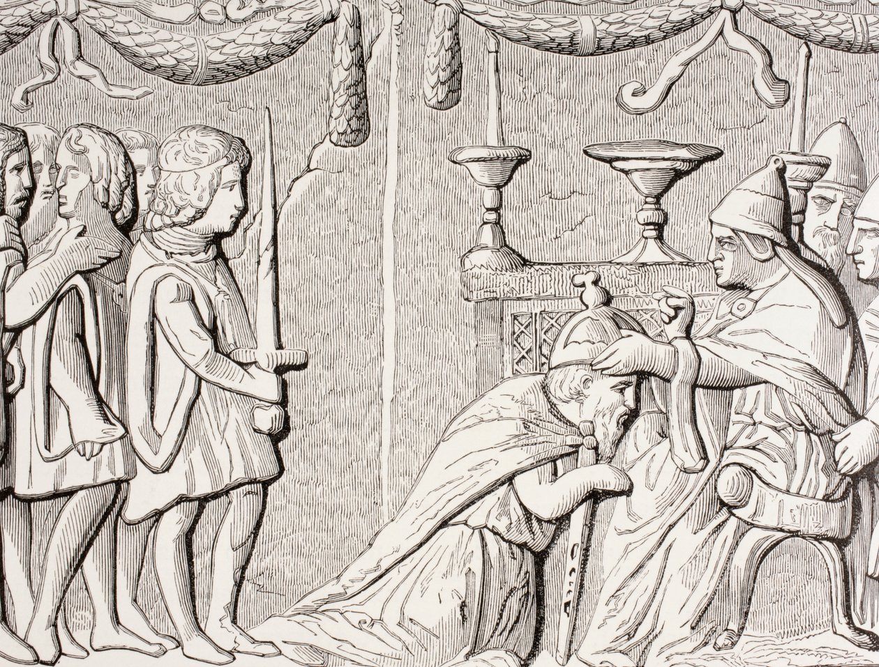 Zsigmond császár koronázása IV. Jenő pápa által 1433-ban, a római Szent Péter-templom ajtaján lévő domborművet követően a „Les Arts au Moyen Age”-ből, 1873-ban megjelent alkotó: French School