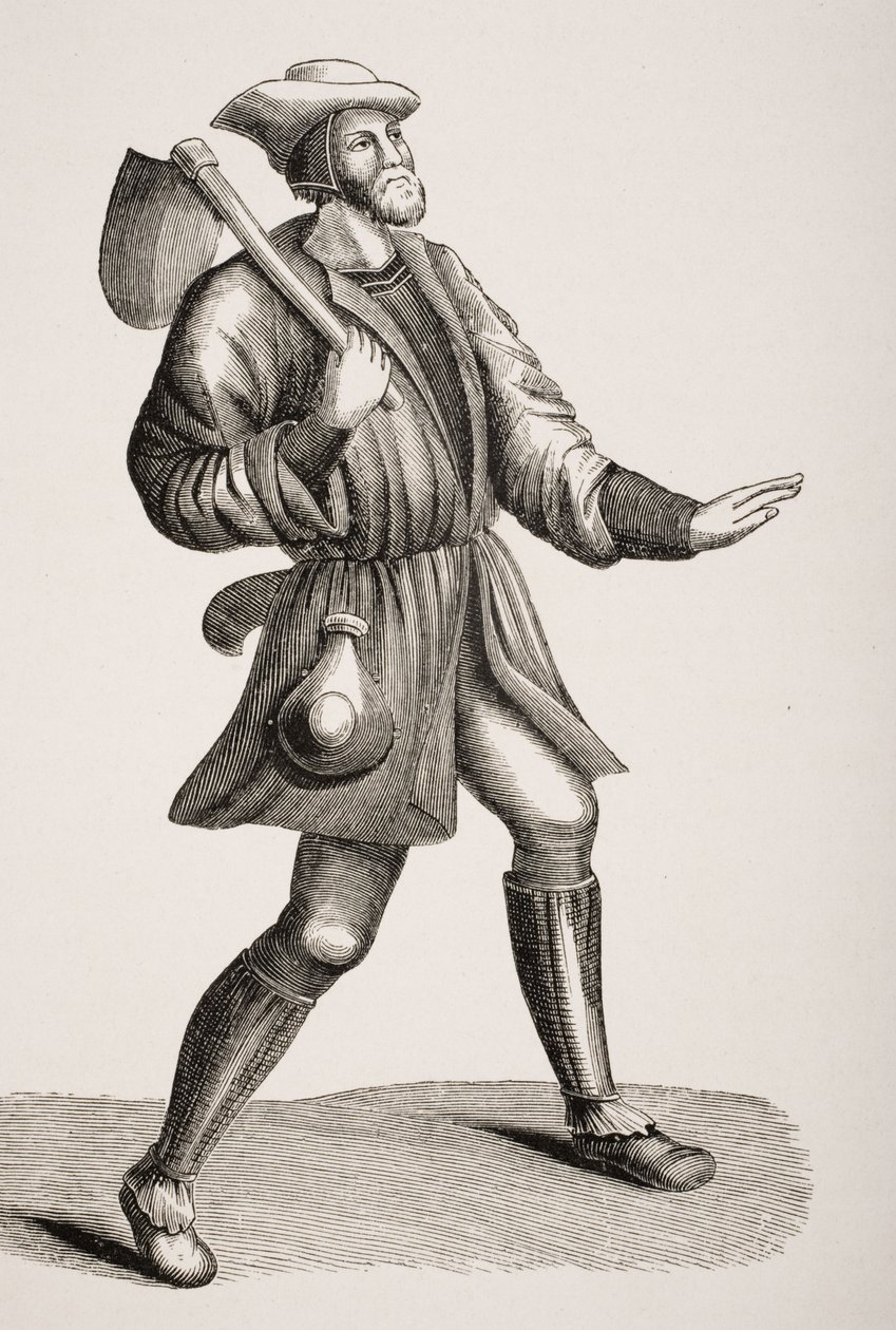 Paraszt jelmeze, egy 15. századi miniatűr után, Paul Lacroix (1806-84) „Le Moyen Age et La Renaissance” című művéből, 1847-ben megjelent alkotó: French School