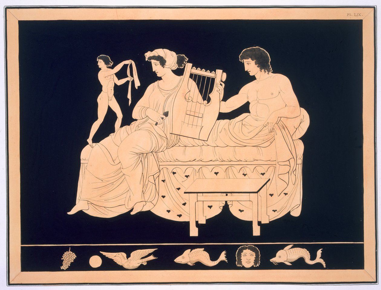 Lírával pihenő pár, megjelent 1808-10 88:illusztráció Aubian Louis Millin de Grandmaison Peintures de Vases Antiques Vulgairement Appeles Etrusques kötéséből, I. alkotó: French School