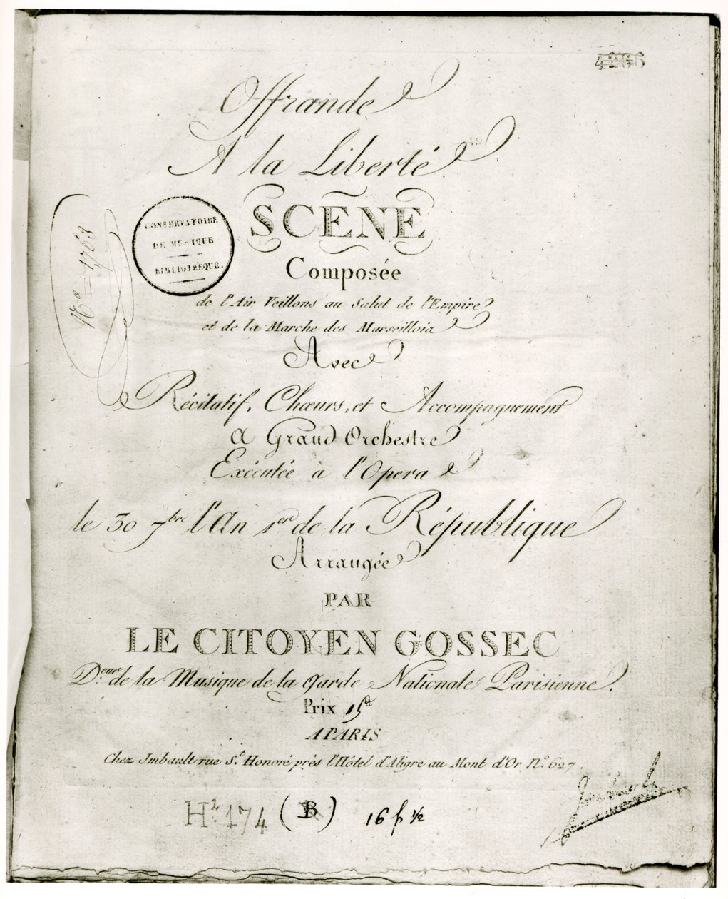 Borító az „Offrande a la Liberte” partitúrájához, amelyet Francois Joseph Gossec (1734-1829) rendezett be az Operában 1792. szeptember 30-án. alkotó: French School