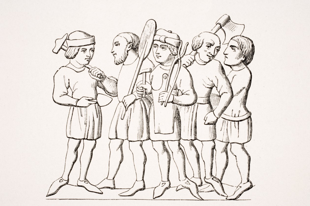 Kézművesek, egy miniatűr reprodukciója egy 14. századi kéziratban, Paul Lacroix (1806-84) „Le Moyen Age et La Renaissance” című művéből, 1847-ben megjelent alkotó: French School