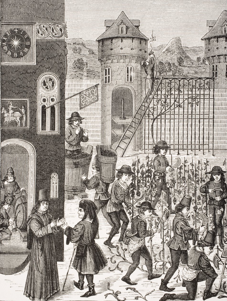 Gyümölcstermesztés, egy 15. századi kézirat miniatűrje után, Paul Lacroix (1806-84) „Le Moyen Age et La Renaissance” című művéből, 1847-ben megjelent alkotó: French School