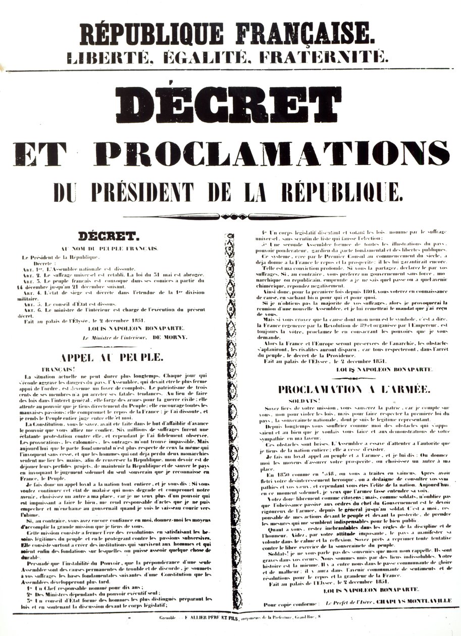 III. Louis Napóleon Bonaparte (1808-73), köztársasági elnök rendelete és kiáltványa, 1851. december 2. alkotó: French School