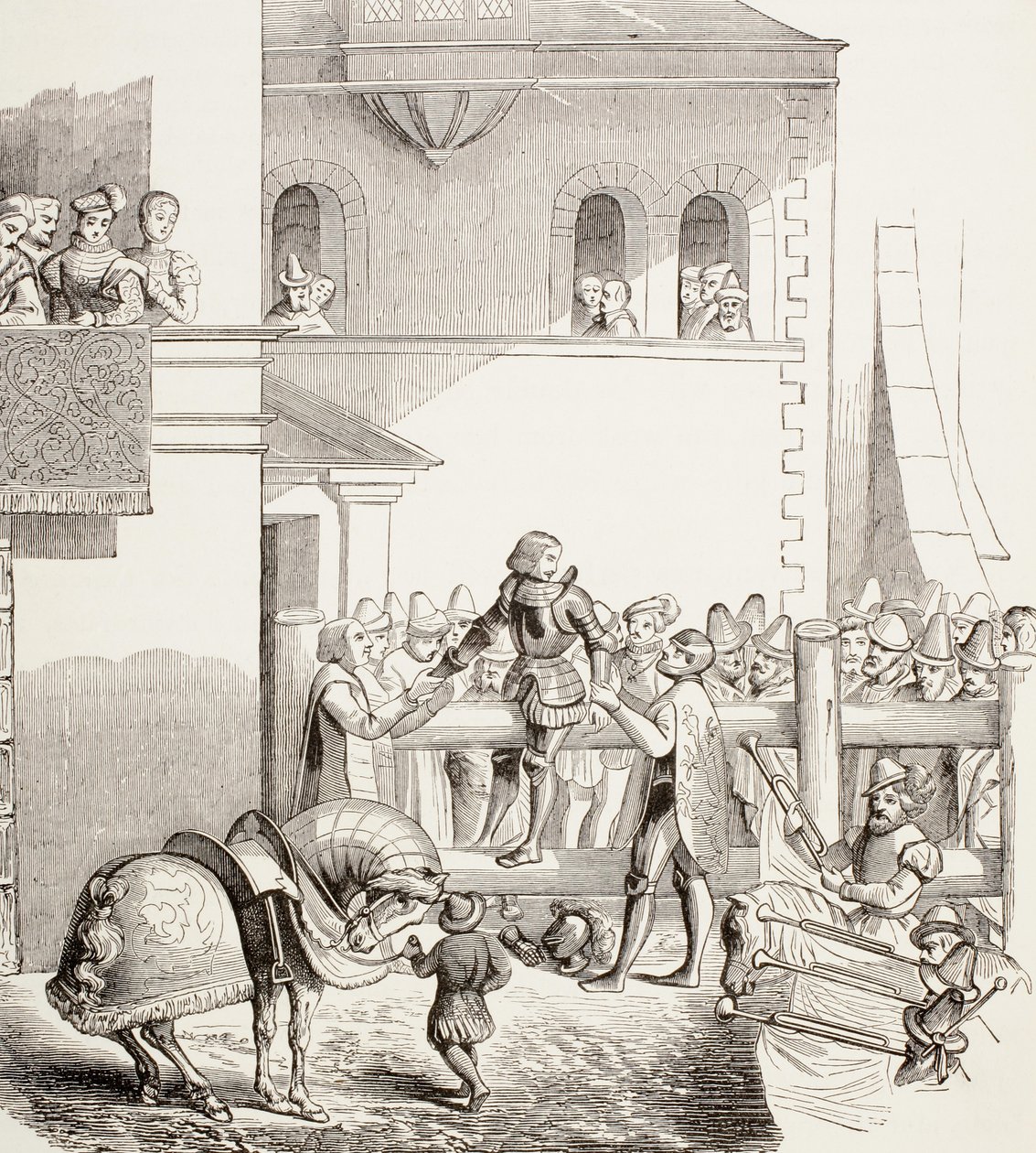 Egy lovag lealacsonyítása, Paul Lacroix „Katonai és vallási élet a középkorban” című könyvéből, London, 1880 körül. alkotó: French School