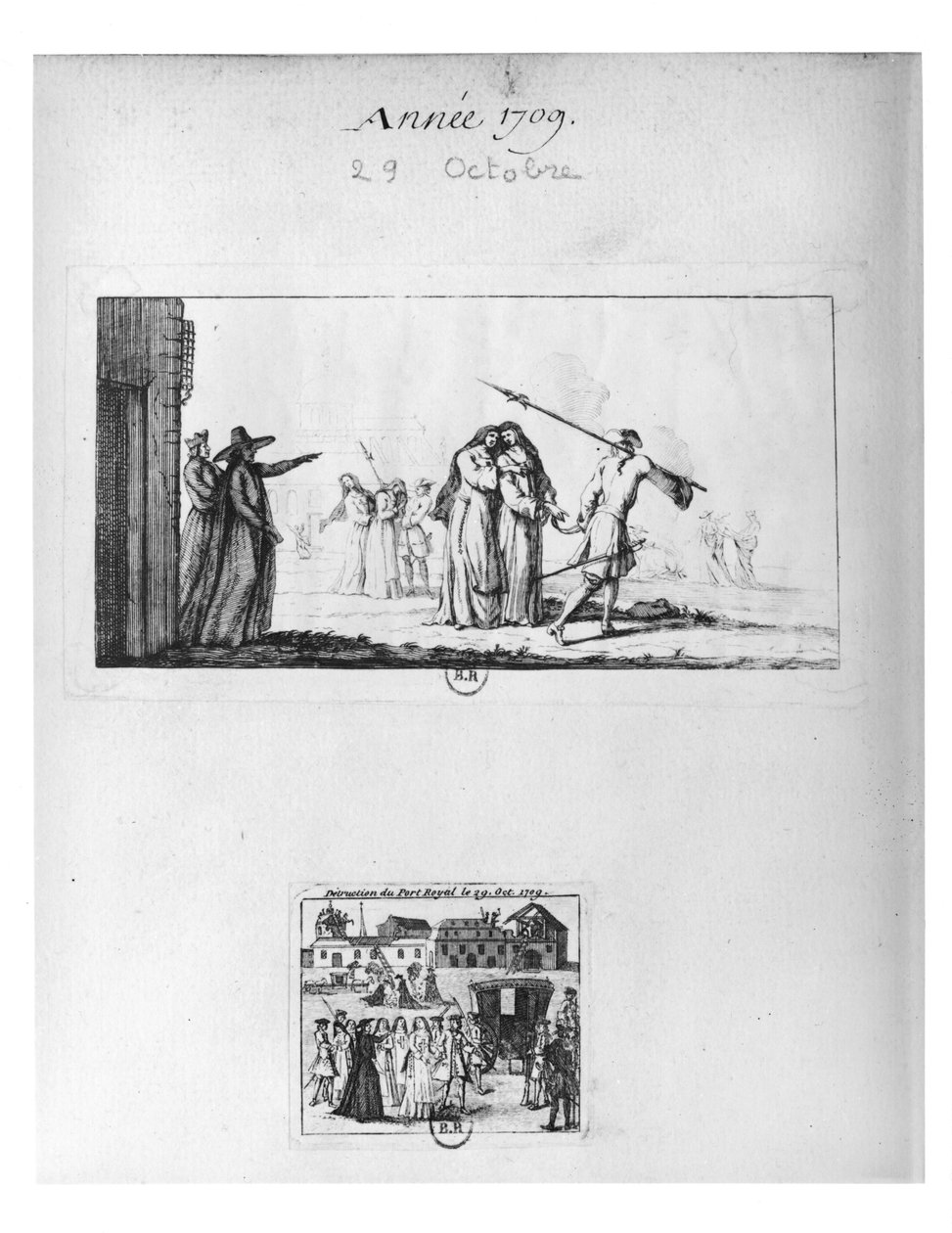Port-Royal des Champs elpusztítása és az apácák letartóztatása 1709. október 29-én (metszet) (bw fotó) alkotó: French School