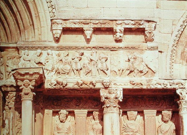 Részlet a nyugati homlokzat központi portáljáról, amely Krisztus szenvedésének jeleneteit ábrázolja, 1180 körül. alkotó: French School