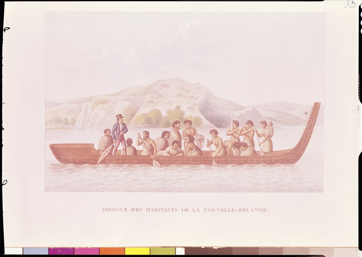 Dugout kenu, amelyet Új-Zéland bennszülöttei vezettek, illusztrációja Louis Isidore Duperrey (1786-1865) „Voyage Around the World in the Corvette La Coquille” című művéből alkotó: French School
