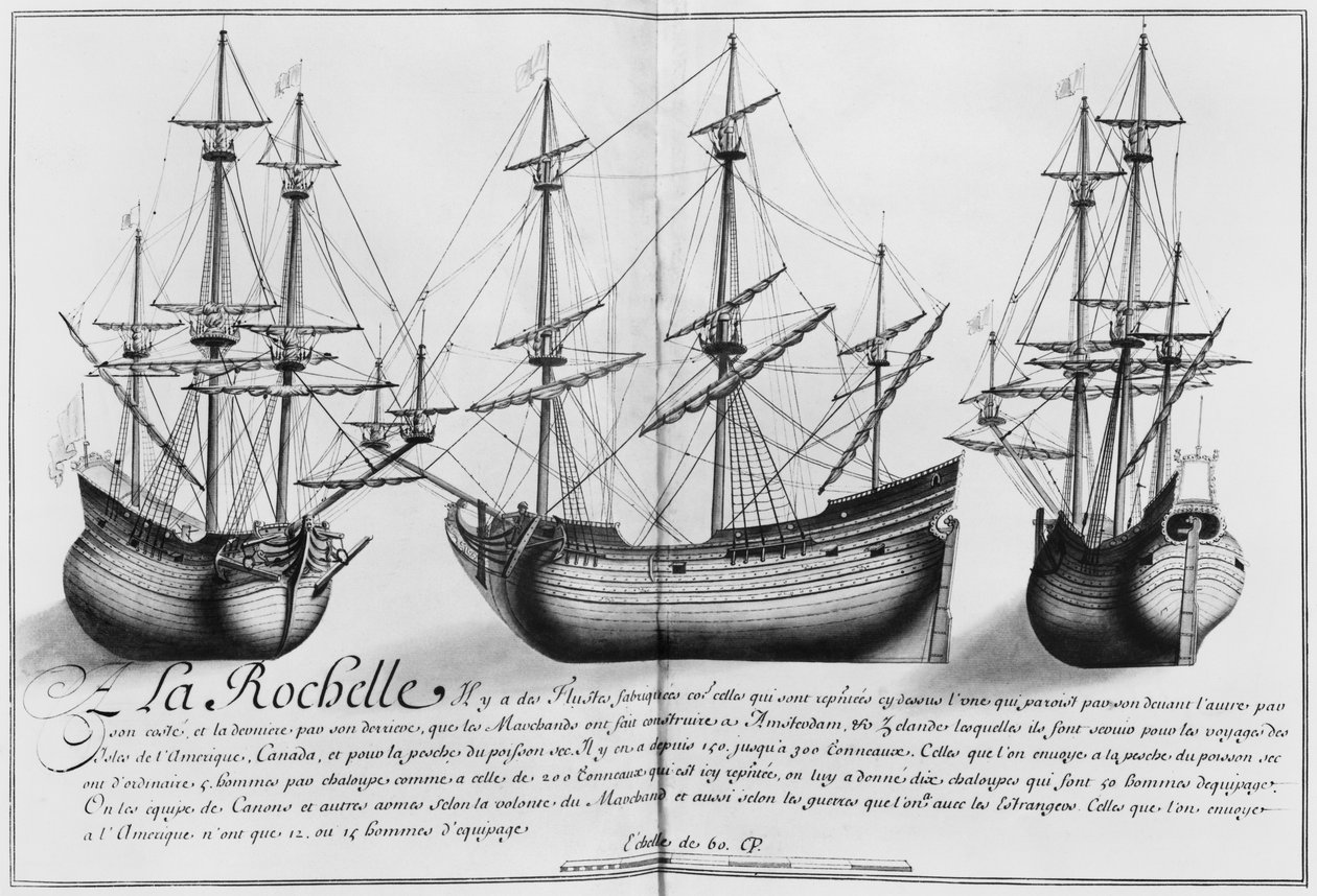 Holland bolthajók, La Rochelle, illusztráció a "Desseins des differentes manieres de ships ... from Nantes to Bayonne..." című könyvből, 1679 (ceruza és WC papíron) alkotó: French School