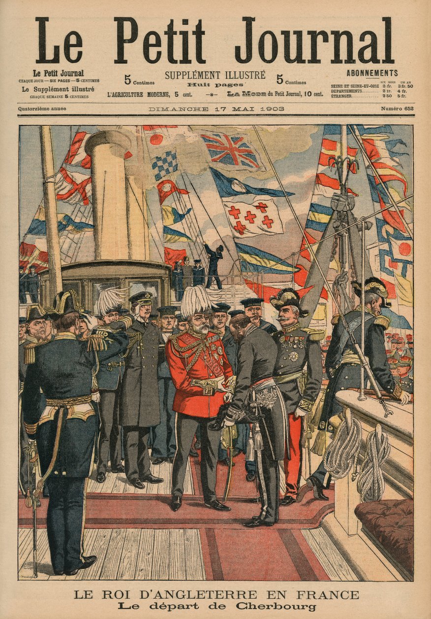 VII. Edward angol király elhagyja Cherbourgot, a „Le Petit Journal” címlapjának illusztrációja, mellékillusztráció, 1903. május 17. alkotó: French School