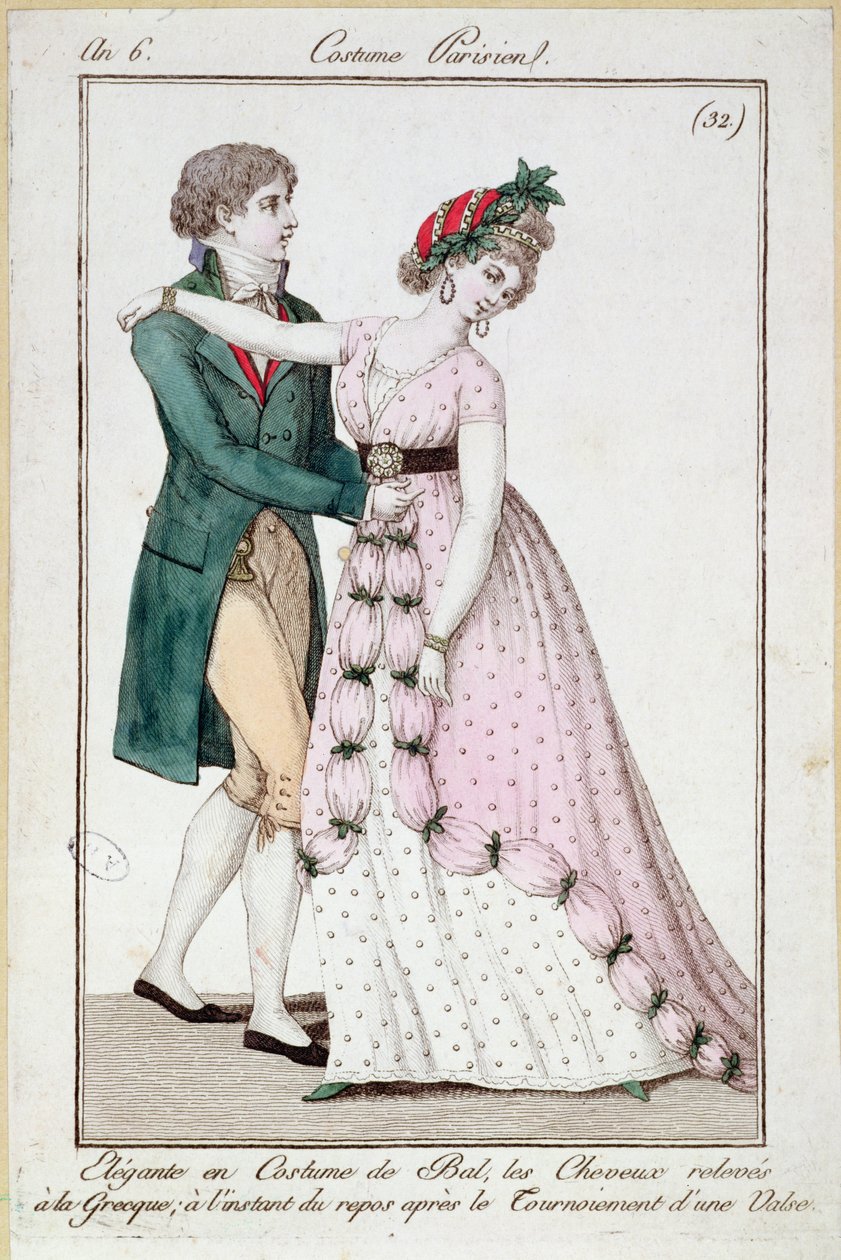Elegáns pár keringőt táncol, a Costume Parisienből, 1798 alkotó: French School
